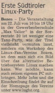 Article about the first South Tyrolean GNU/Linux Installation Party. Newspaper "Dolomiten", 17/06/2001